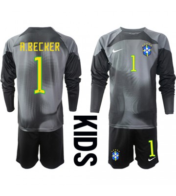 Brasilien Alisson Becker #1 Målvakt Hemmaställ Barn VM 2022 Långärmad (+ Korta byxor)